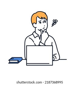 Vector illustration material of a young man who is worried while operating a PC