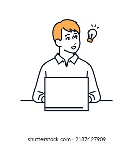 Vector illustration material of a young man who inspires while operating a PC