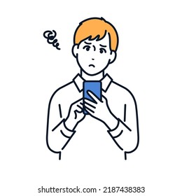Vector illustration material of a young man who is in trouble while operating a smartphone