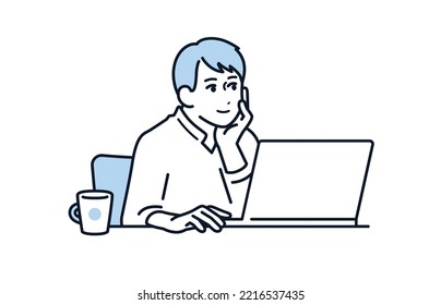 Vector illustration material of a young man relaxing while operating a personal computer