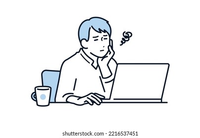 Vector illustration material of a young man who is worried about putting his cheeks in front of a computer