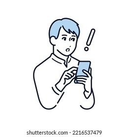 Vector illustration material of a young man who is surprised to see a smartphone