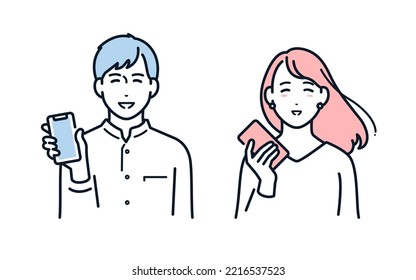 Vector illustration material of a young man and woman holding a smartphone with a smile