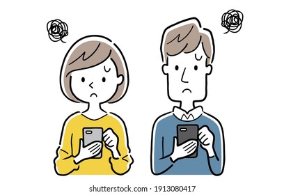 Material de ilustración del vector: Hombres y mujeres jóvenes que usan smartphones