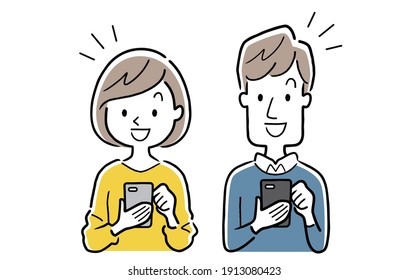 Vector illustration material: Young men and women using smartphones