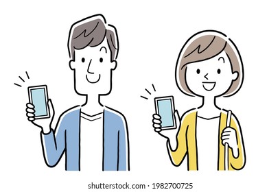 Vector illustration material: Young men and women with smartphones, couples