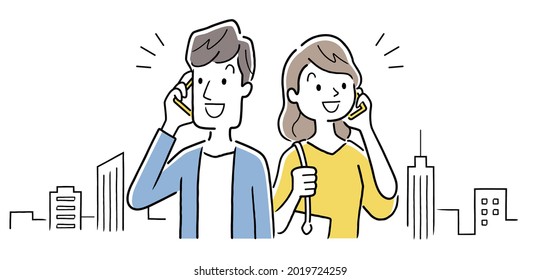 Vector Illustration Material: Young men and women calling on smartphones