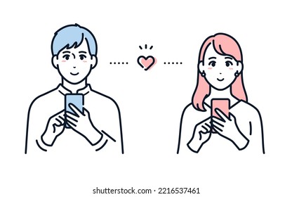 Vector illustration material of young men and women using a matching app