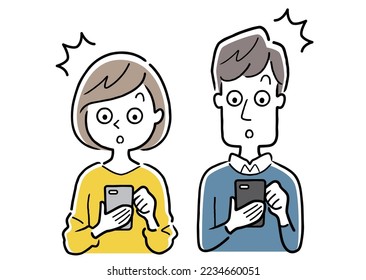 Vector illustration material: Young men and women using smartphones, surprised