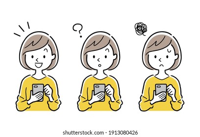 Vector Illustration Material: Young woman using smartphone, set