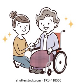 Vector illustration material: Young woman, parent and child snuggling up with senior woman in a wheelchair