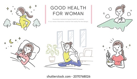 Material de ilustración vectorial: Mujer joven pasa días saludables