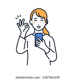 Material de ilustración vectorial de una joven mujer sosteniendo un smartphone y firmando OK