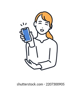 Vector illustration material of a young woman showing a smartphone screen with a smile