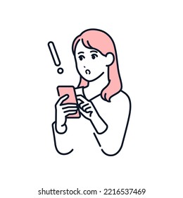 Vector illustration material of a young woman who is surprised to see a smartphone