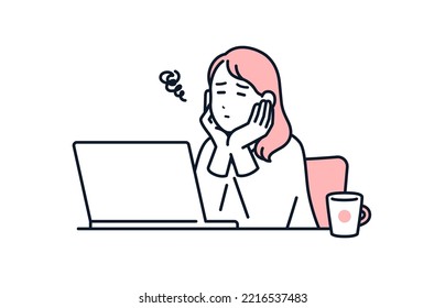 Vector illustration material of a young woman who is worried about putting her cheek in front of a computer