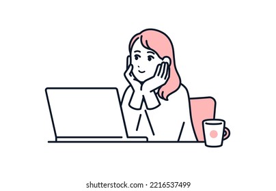 Vector illustration material of a young woman watching videos on a computer