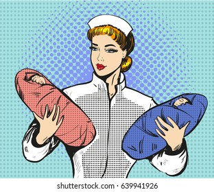 Vector illustration of maternity nurse holding twins in her hands. Midwife and two newborn babies boy and girl in retro pop art comic style.