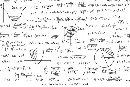 Vector illustration of Math education. Seamless pattern with handwritten formulas, tasks, plots, calculations and geometrical figures. Endless texture