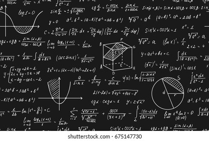 Vector illustration of Math education. Seamless pattern with handwritten formulas, tasks, plots, calculations and geometrical figures. Endless texture