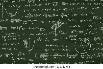 Vector illustration of Math education. Seamless pattern with handwritten formulas, tasks, plots, calculations and geometrical figures. Endless texture