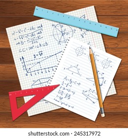 Vector illustration with math formulas on a copybook paper, rulers and pencil on wood background 