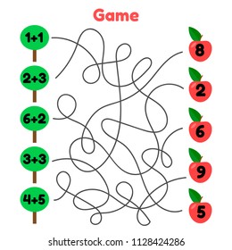 vector illustration. math game for children of school and preschool age. labyrinth. Solve the examples. Complicated road. Trees and apples.