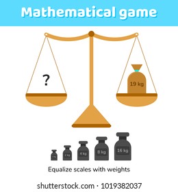 Vector illustration. Math game for kids of school and preschool age. Scales and weights.
