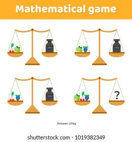  Vektorillustration. Mathe-Spiel für Kinder im Schulalter und im Vorschulalter. Skalen und Gewichte.