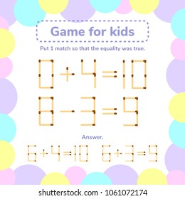 Vector Illustration. Math Game For Kids. Put 1 Matchstick So That The Equality Was True.