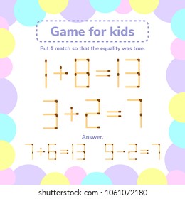 vector illustration. math game for kids. Put 1 matchstick so that the equality was true.