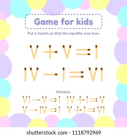vector illustration. math game for kids. Put 1 matchstick so that the equality was true.