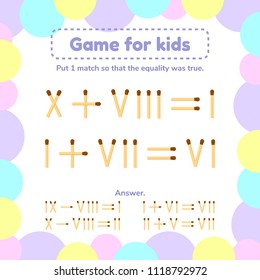 vector illustration. math game for kids. Put 1 matchstick so that the equality was true.