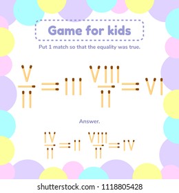 vector illustration. math game for kids. Put 1 matchstick so that the equality was true.