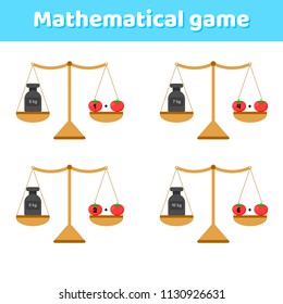 vector illustration. Math game for kids of school and preschool age. Scales and weights. Addition. Vegetables tomatoes.
