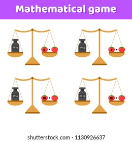 vector illustration. Math game for kids of school and preschool age. Scales and weights. Addition. Vegetables tomatoes.