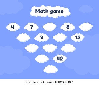 Vector illustration. Math game on addition for preschool and school age children. Fill the missing numbers. Clouds.