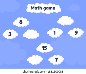 Vector illustration. Math game on addition for preschool and school age children. Fill the missing numbers. Clouds.
