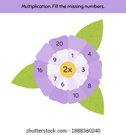 Vector illustration. Math game on a multiplication for preschool and school age children. Fill the missing numbers. Flowers.
