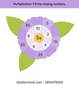 Vector illustration. Math game on a multiplication for preschool and school age children. Fill the missing numbers. Flowers.
