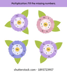 Vector illustration. Math game on a multiplication for preschool and school age children. Fill the missing numbers. Flowers.