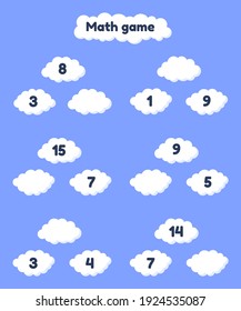 Vector illustration. Math game on addition for preschool and school age children. Fill the missing numbers. Clouds.