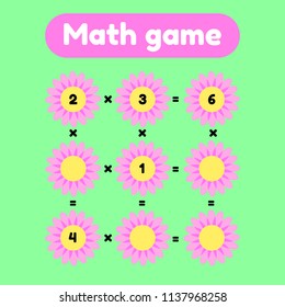 Vector illustration. Math game for preschool and school age children. Count and insert the correct numbers. Multiplication. Glade with pink flowers.