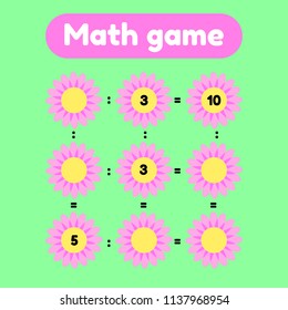 Vector illustration. Math game for preschool and school age children. Count and insert the correct numbers. Division. Glade with pink flowers.