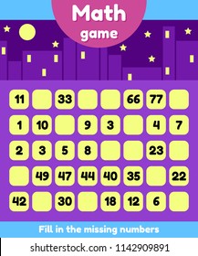 Vector illustration. Math game for preschool and school age children. Fill the missing numbers. Find a sequence.
