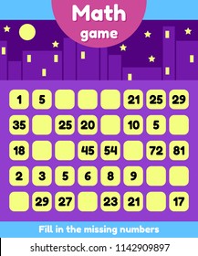 Vector illustration. Math game for preschool and school age children. Fill the missing numbers. Find a sequence.