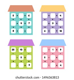  Ilustración vectorial. Juego de matemáticas para niños en edad preescolar y escolar. Contar e insertar los números correctos. Adición, sustracción. Poner casas con ventanas.