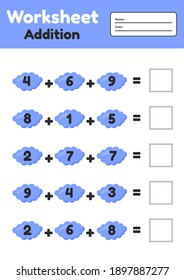 Vector illustration. Math game for preschool and school age children. Count and insert the correct numbers. Addition. Clouds.