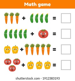 Vector illustration. Math game for preschool and school age children. Count and insert the correct numbers. Addition. Vegetables.