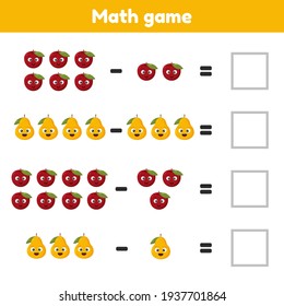 Ilustración vectorial. Juego matemático para niños en edad preescolar y escolar. Contar e insertar los números correctos. Adición. Frutas.